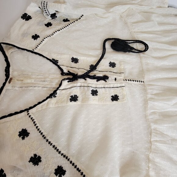Free People Semi Sheer Peasant Style Tunic w/Embroidery Tie Front Beige/Blk Sz L - Picture 6 of 14